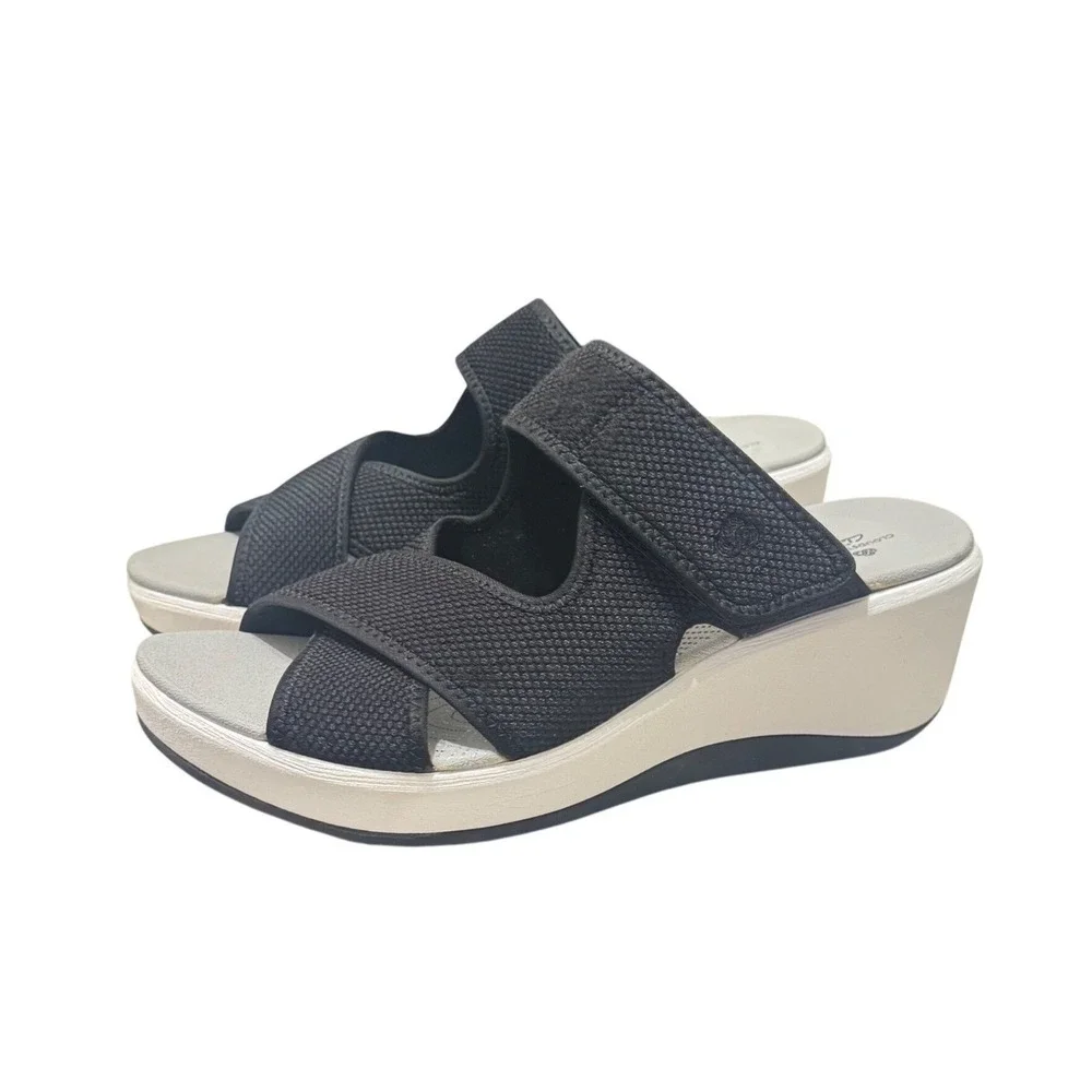 Clarks Cloudsteppers Wedge Sandals Size 9 Black White‎ Arla Glade Slide